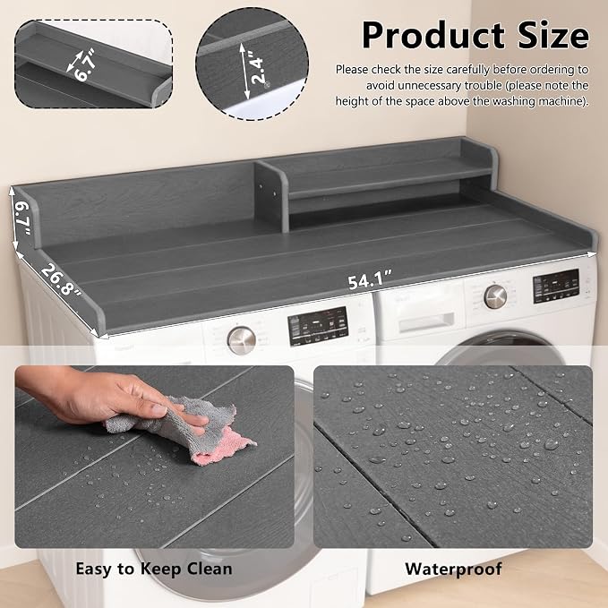 Washer Dryer Countertop, HDPE Laundry Countertop with Storage Shelf and Edge Rails-Grey