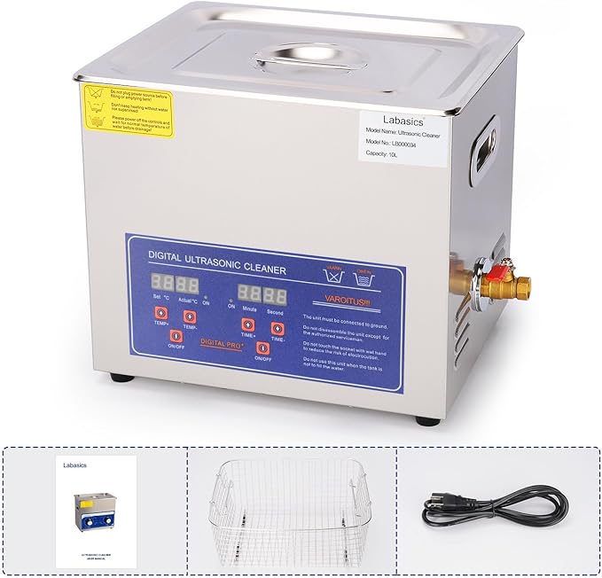 Labasics Ultrasonic Cleaner, Professional All-Purpose Stainless Steel Ultrasonic Washing Device with Digital Display Timer and Heat Control for Laboratory 110V, 10L