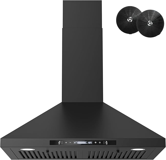 FIREGAS Wall Mount Black Range Hood 30 Inch, 900 CFM Ducted Kitchen Hood 3-Speed Exhaust Fan, Gesture/Touch Control, Timer, 2 Baffle Filters, Stainless Steel Stove Vent Hood