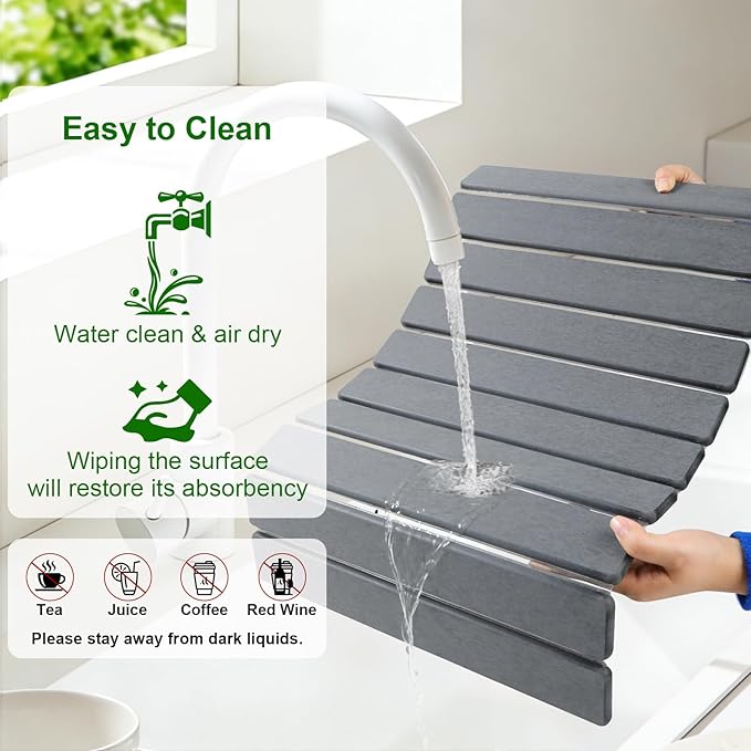 Large Stone Drying Mat for Kitchen Counter, Collapsible Stone Dish Drying Mats, Water Absorbing Diatomaceous Earth Drying Stone for Kitchen Counter, Kitchen Dish Drying Stone Mat, 24"×16" (White)