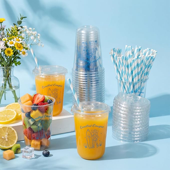 Rtteri 50 Sets Surf Cowgirl Plastic Disposable Cups with Lids and Straws 16 oz Blue Cowgirl Cups Bulk Ice Coffee Juice Drinking Cup for Summer Beach Birthday Party Decoration
