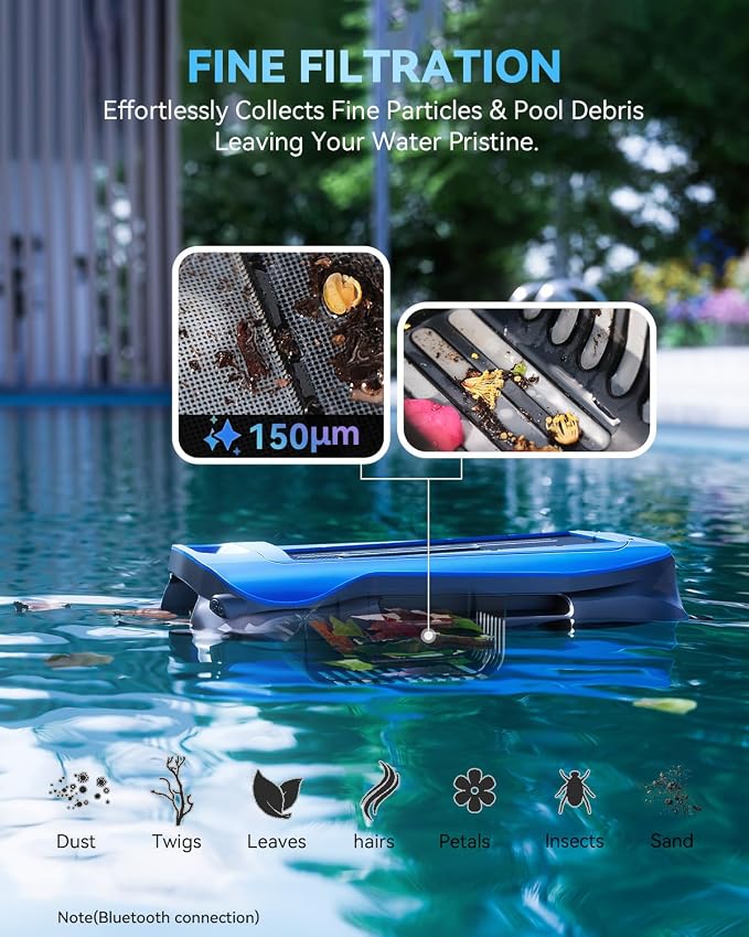 24/7 Solar Powered Pool Skimmer Robot with APP Support, Automatic Electric Floating Surface Cleaner for Above Ground & Inground Pools, Auto Robotic Pool Skimmer Bluetooth Control（Blue）
