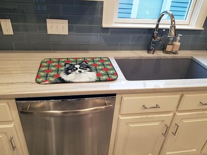 Caroline's Treasures Black and White Pomeranian Christmas PoinsettIas Dish Drying Mat Absorbent Dish Drying Mat Pad for Kitchen Counter Dish Drainer Mat for Countertop, 14 x 21", Multicolor