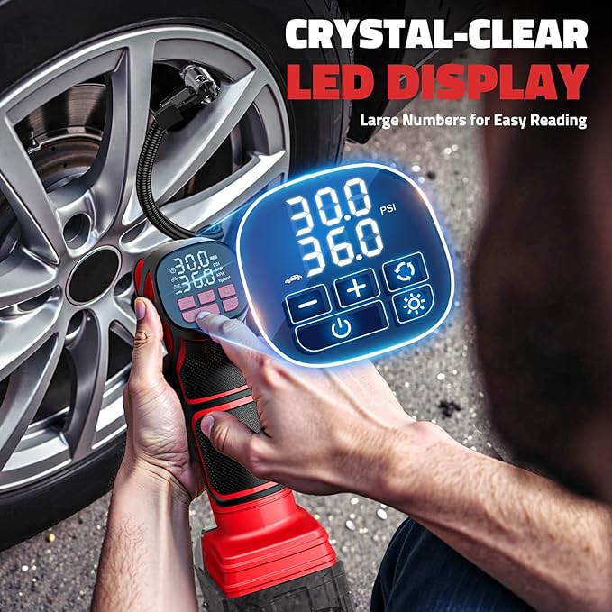 DIYtoolifz 150PSI Tire Inflator Portable Air Compressor: Cordless Air Pump Compatible with Milwaukee 18V Battery - Car Tire Pump with LCD Display & LED Light for Auto, Motorcycles (Tool Only)