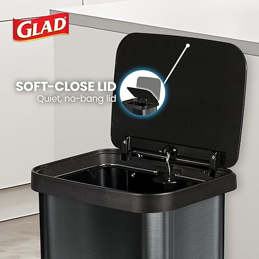 Glad 13 Gallon Stainless Steel Trash Can with Clorox Odor Protection | Large Metal Kitchen Garbage Bin with Soft Close Lid, Garbage Bag Rings, Step On Foot Pedal and Waste Bag Roll Holder, Pewter