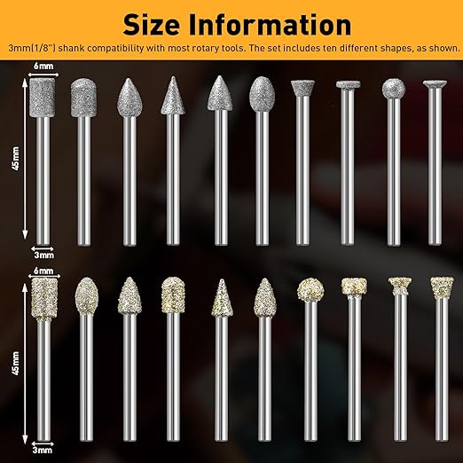 46-Grit and 120-Grit Diamond Grinding Burr Bits Set 1/8" Shank Compatible with Dremel Rotary Tool, 20Pcs Attachment Accessories Carving Burrs for Polishing, Grinding, Carving on Glass, Ceramic, Stone