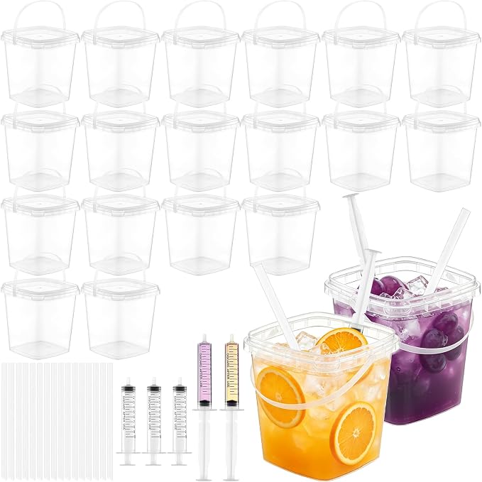 50 Sets Clear Plastic Drink Buckets with Lids Straws Syringes and Handles - 34 oz Disposable Rum Drink Buckets Punch Bowls for Wine Beer Cocktai Pool Beach Party Supplies