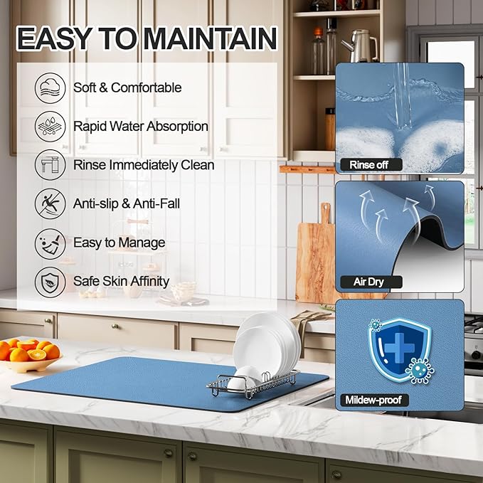 Ecotrim - Dish Drying Mat for Kitchen Counter | Coffee Bar Mat for Countertops | Heat Resistant Drainer Mat with Non-slip Rubber Backed | Hide Stain Kitchen Absorbent Draining Mat | Blue 18"x28"
