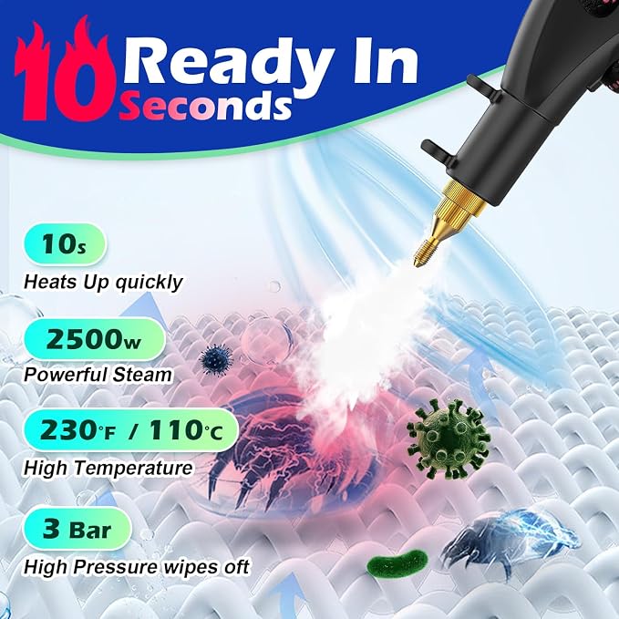 Flgocexs Handheld Steam Cleaner,2500W High Temperature High Pressure Steam Cleaner with 3 Brush Heads, Portable Steam Cleaner with 1.5L Tank For Car Detailing Kitchen Bathroom Floors