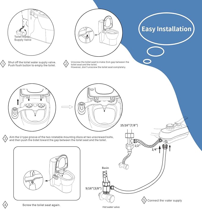 Bidet AMI910 Hot and Cold Water Bidet Attachment for Toilet - Self Cleaning Dual Nozzles (Frontal & Rear Wash) - Non-Electric Mechanical Bidet Toilet Attachment