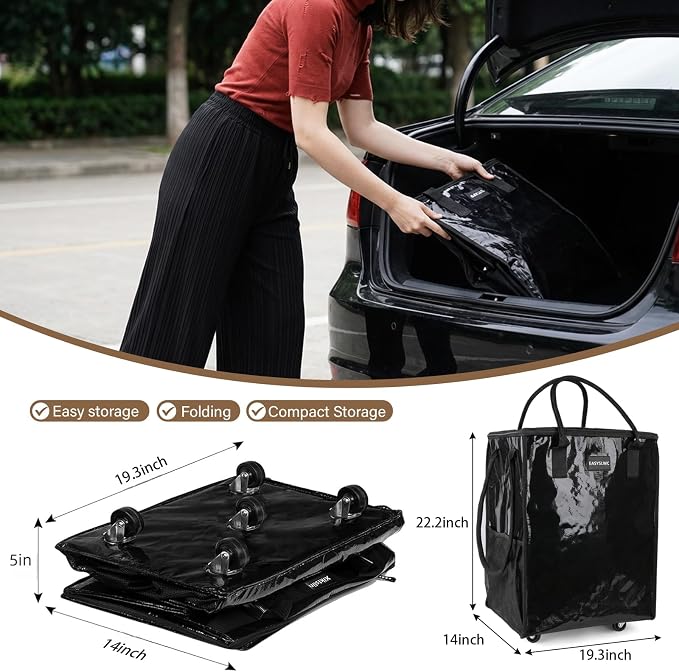 Large Reusable Hauler Rolling Tote Bag, Collapsible Portable 99L Shopping Bag Cart Tote Bag with Wheels for Groceries, Organization Bag, Heavy Duty Utility Bag with Wheels, Travel, Moving