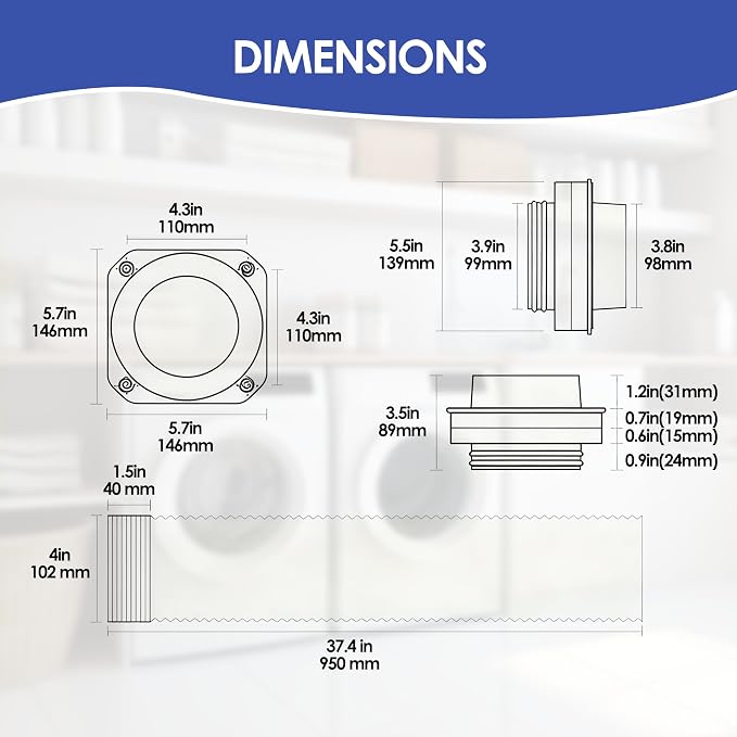 Magnetic Dryer Vent Connector Kit, Magnetic Dryer Vent Coupling Kit with 3.1ft 4" Duct and 2 Clamps, Quick Seal Dryer Vent Connector for Easy Cleaning & 180° Rotation