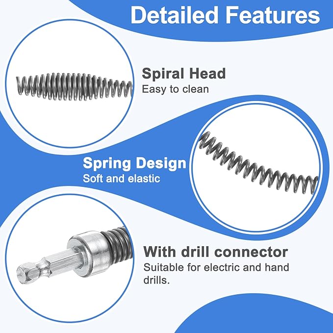 HARFINGTON Plumbing Drain Auger 3/8" (10mm) Dia. 16.5ft Manual Toilet Snake Flexible Drain Cleaner Tool with Drill Connector Spring Unclog Hair for Bathroom Kitchen Toilet Bathtub Sewer Sink
