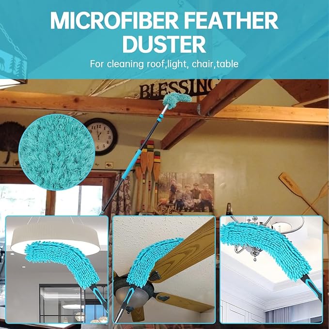 High Reach 3-8FT Extension Pole, Skylight Shades Operating Hook, High Ceiling Dusting and Window Cleaning Kit with Telescopic Pole, Window Washer & Squeegee, Cobweb Duster, Fan Duster, Feather Duster