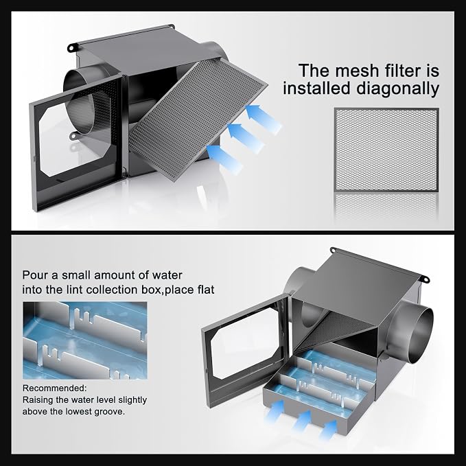 HOOMESUN Upgrade Indoor Dryer Duct Lint Trap Kit, Dryer Lint Catcher with Stainless Steel Mesh & 4in - 8FT Dryer Vent Hose, Water Drawer, Secondary Lint Trap for Gas or Electric Clothes Dryers