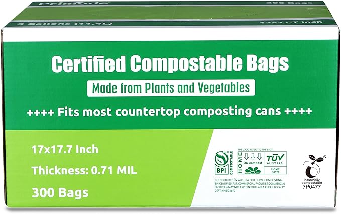 Compost Bags, Compostable Trash Bags 3 Gallon Compostable Bags 300 Count Small Compost Bags for Countertop bin Extra Thick 0.71 Mil. ASTM D6400 Certified By BPI and TÜV AUSTRIA (3 Gallon, 300 Units)