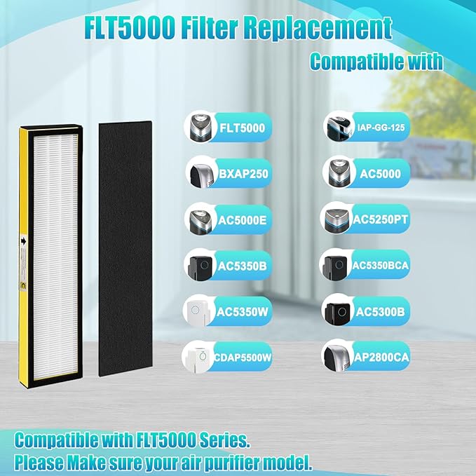 3Pack FLT5000 replacment Filter C- flt5000 Filter is Combined by HEPA Activated Carbon，Compatible with flt5000 AC5000, AC5000E, AC5250PT, AC5350B, AC5350BCA, AC5350W Air Purifier Filter
