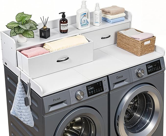 VEVOR 2 Drawers Washer Dryer Countertop with Shelf, 54" x 27" Wooden Laundry Countertop with 2 Hooks & Splicing Panels, Washer and Dryer Topper, Laundry Room Organization and Storage, White