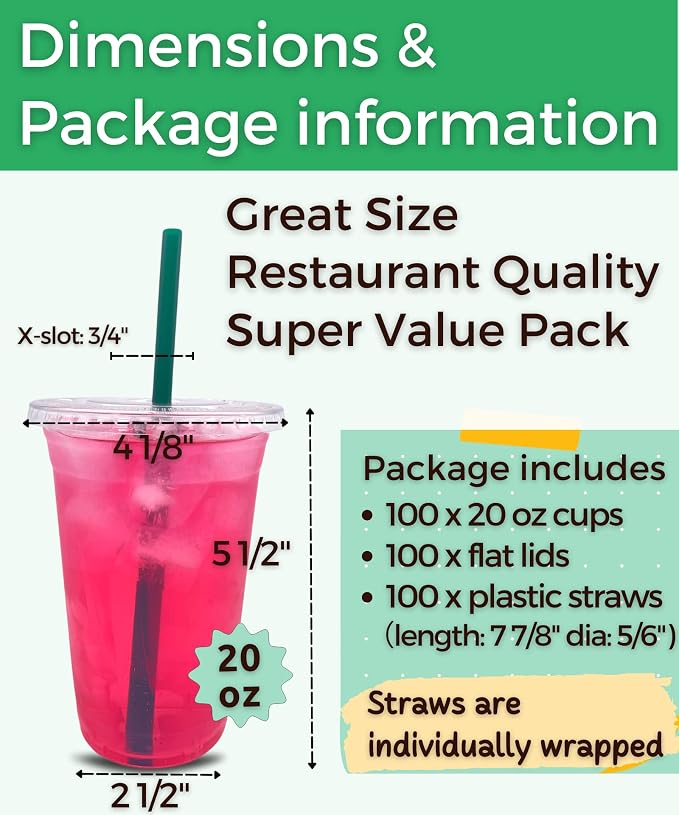[100 Sets] 20 oz Clear Plastic Cups with Lids and STRAWS, Disposable Party Cups for To Go Iced Coffee Cold Drinks, Smoothie, Juice, Parfait, Frappuccino, Milkshake. No Leaking Fruit Cup