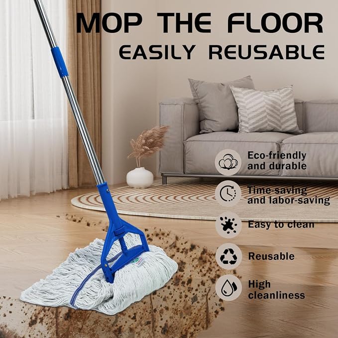 Commercial Cotton Mop | Heavy-Duty Industrial Mop | 2 Replacement Heads | 152cm Stainless Steel Handle | Professional Institutional Cleaning (A)