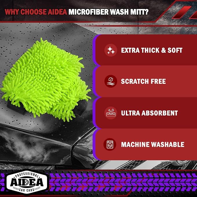 AIDEA Car Wash Mitt Microfiber, 10PK Scratch Free Lint-Free, Premium Chenille Microfiber Mitt Car Wash Brush Cleaning Supplies, Green, Regular Size 7.12''X10.14''