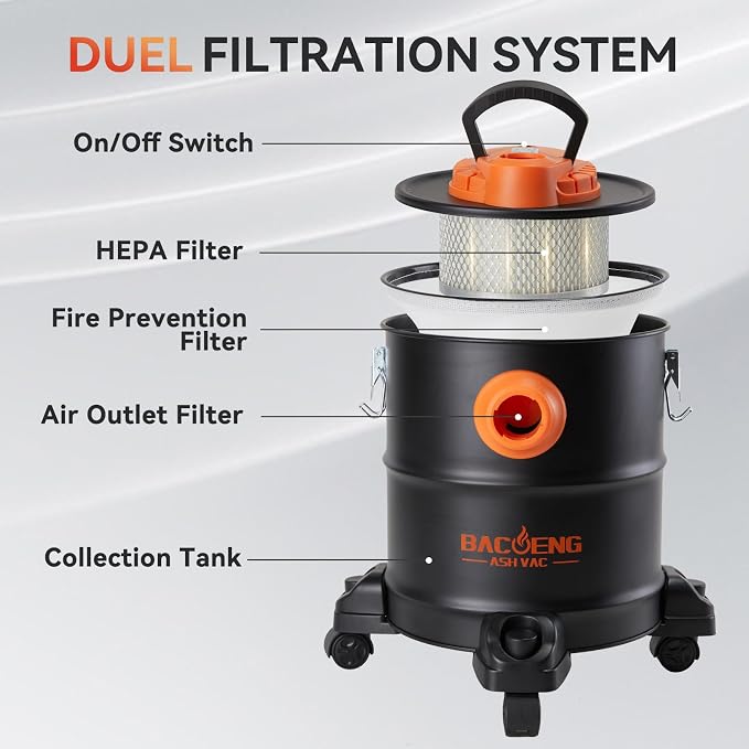 BACOENG Ash Vacuum for Pellet Stoves, Fireplace Ash Vac 5.2 Gallon 1200w with Double Stage Filtration System, Ash Vacuum Cleaner for Fireplaces, Wood Stove, Pellet Grill