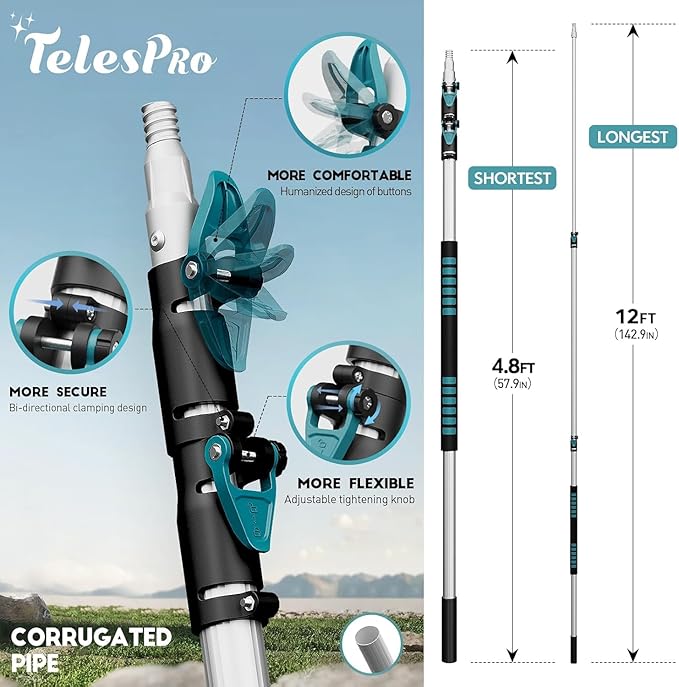 TelesPro 20 Foot High-Reach Duster Kit with 5-12FT Extendable Pole - High Ceiling Duster Cleaning Kit with Telescopic Pole,Cobweb Duster, Chenille Ceiling Fan Duster, Microfiber Feather Duster