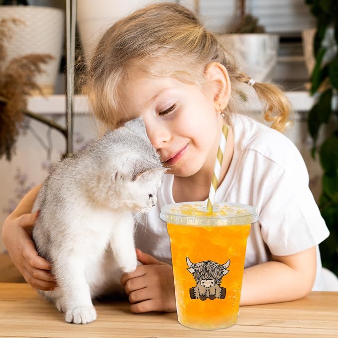 Whaline 50 Pcs Highland Cow Disposable Plastic Cups with Lids and Straws 12 oz Cute Farm Cow Party Cup Cold Beverage Drinking Cups for Birthday Baby Shower Wedding