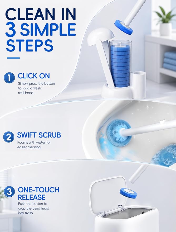 Disposable Toilet Brush System, Toilet Bowl Cleaning Wand with Lift-to-Open Refill Case, Blue Refill Heads and Freestanding Holder, 1 Wand and Holder Set with 35 Blue Refills