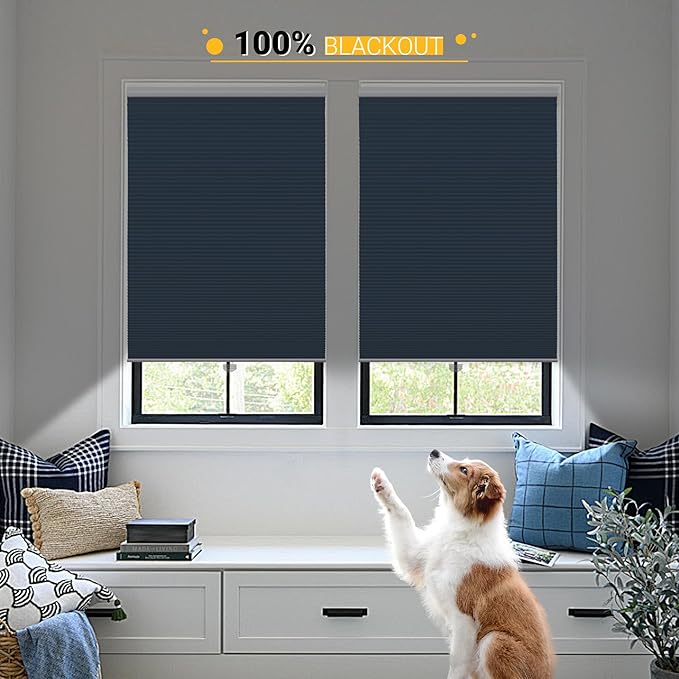 Blackout Shades, Room Darkening Honeycomb Blinds, Cordless Lift System, 24" Wide x 64" Wide, Ocean Blue(Blackout)