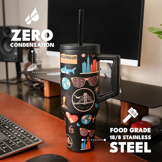 Elemental 40 oz Tumbler with Handle and Straw - Spill Proof Insulated Stainless Steel Commuter for Cold Beverages - Travel Coffee Mug with 2 Straws & Spill Proof Lid - 40oz-California Dreaming