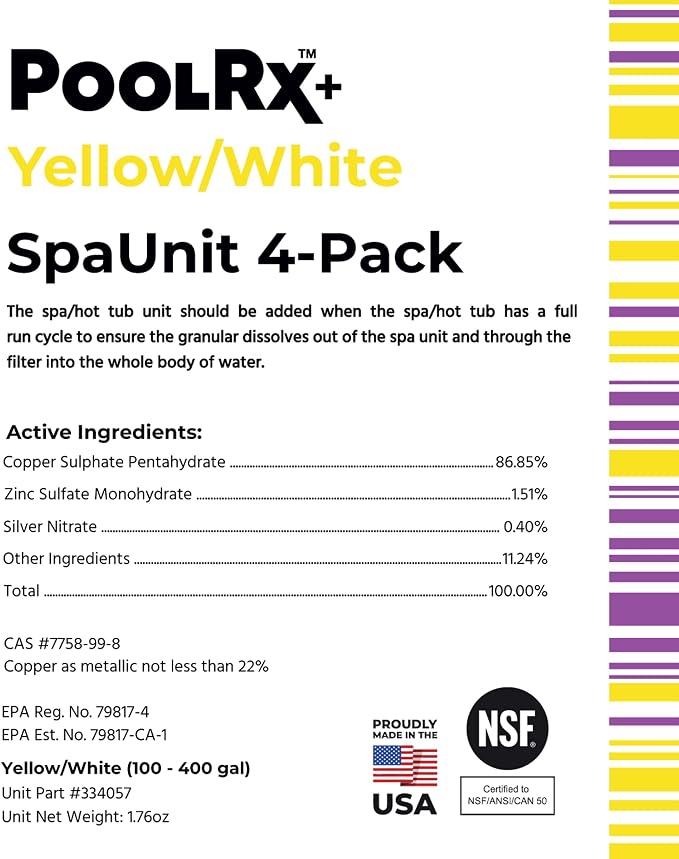 PoolRx+ Mineral Algaecide 4-Unit Pack, up to 6-Month Algae Control, for 100-400 gallons, Yellow & White, New Formula with Silver.