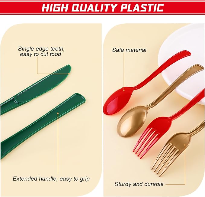 Kochorie 300 Pieces Christmas Plastic Silverware Heavy Duty Plastic Cutlery Set Heavyweight Disposable Flatware Includes Christmas Spoons Forks Knifes for Christmas New Year Party
