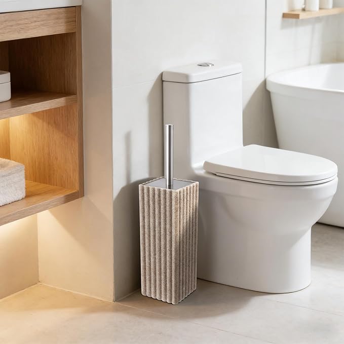 Toilet Bowl Brush and Holder for Bathroom，Resin Toilet Brush and Holder Set with Stainless Steel Handle，Deep Cleaning Modern Toilet Cleaner Brush -Space Saving, Covered Brush (Beige)