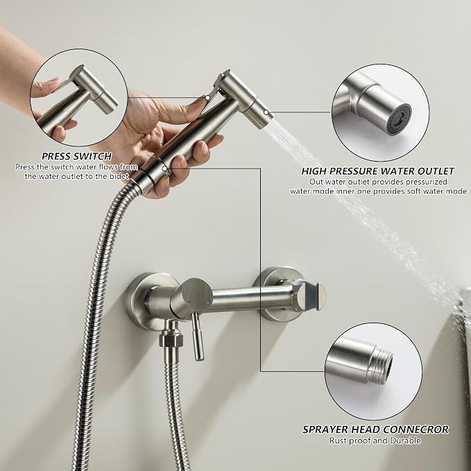 Warm Water Bidet Sprayer for Toilet with Hot and Cold Mixing Valve, Stainless Steel Wall Mount Round Handheld Bidet Attachment Set, Brush Nickel