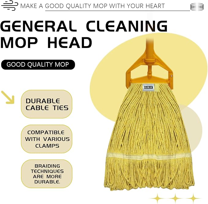 Commercial Cotton Mop Heavy-Duty Industrial with 2 Replacement Heads 152 cm Handle Replacement mop Head (Yellow)