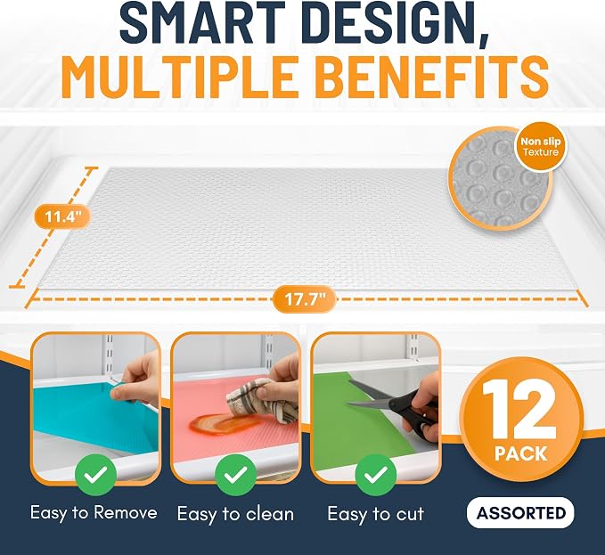 Refrigerator Liners for Shelves (12 Pack) by Linda’s Essentials - Non-Adhesive Shelf or Drawer Liner, BPA-Free Fridge Mats for Kitchen & Cabinets, Easy to Clean, Ideal Household Essentials(MultiColor)