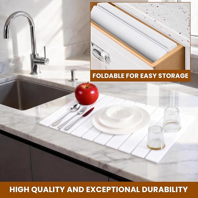 2 Pack Stone Drying Mat for Kitchen Counter, Large Diatomaceous Earth Dish Drying Pads 24"x16", Ultra Absorbent Quick Dry Foldable Mats for Dishes Cups, Matches Any Countertop