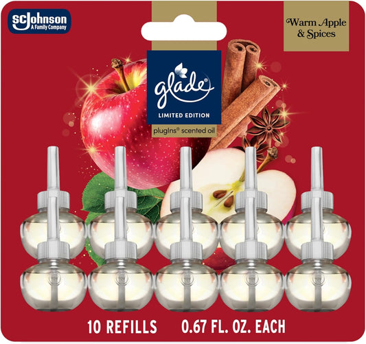 Glade PlugIns Refills Air Freshener, Warm Apple & Spices, Scented and Essential Oils for Home and Bathroom, 0.67 Fl Oz, 10 Count