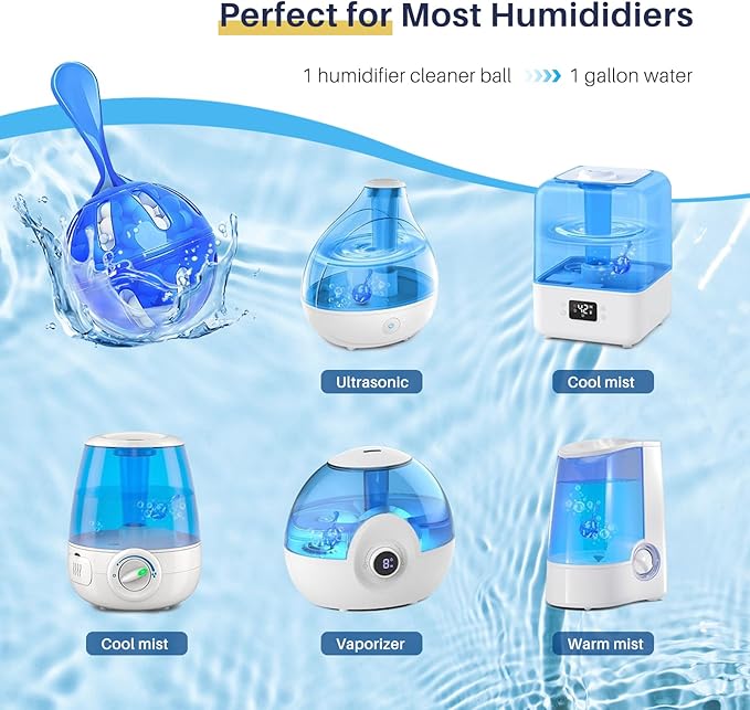 12 Pack Humidifier Cleaner, Humidifier Tank Cleaner Balls compatible with All humidifiers and Fish Tanks, Purifies Water, Prevents Hard Water Build-Up, Reduces Scale to improve Humidification