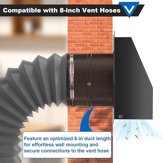 8 Inch Wall Vent with Screen and Damper, Galvanized Steel Hooded Wall Vent Cover with Hose Clamps Aluminum Foil Tape Screws Black Metal Exhaust Duct Cap Kit for Outdoor Kitchen Range Hood Bathroom