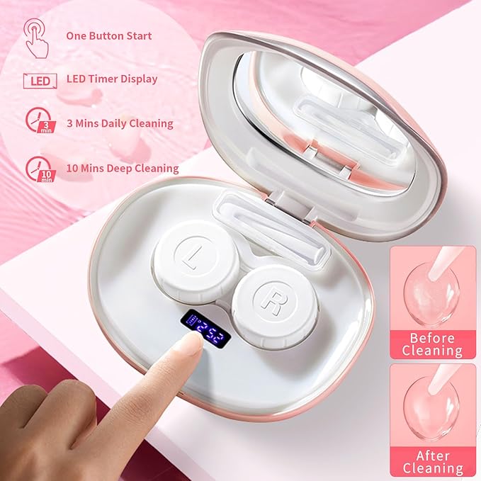 Contact Lens Cleaner, Portable Ultrasonic Contact Lens Cleaning Machine with USB Charger, LED Timer Display & 5 Contacts Solution Cases Kit for Soft Hard Colored RGP Lenses (Pink)