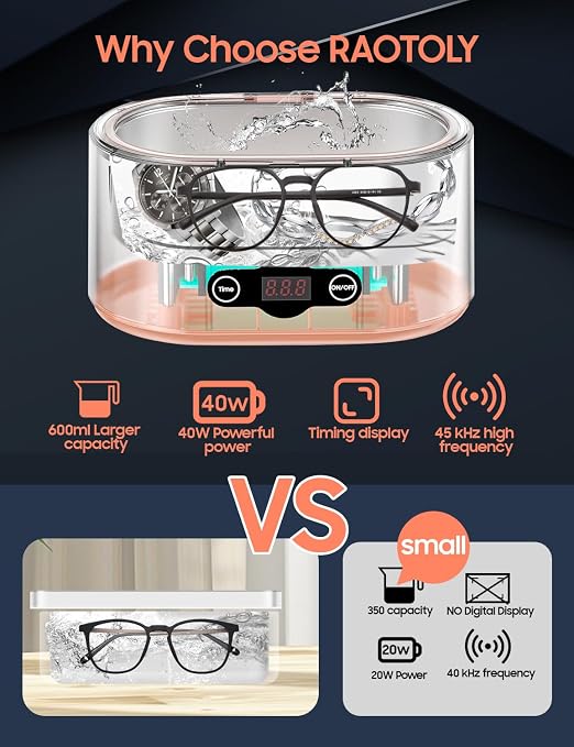 20OZ Ultrasonic Glasses Cleaner 45KHz Deep Cleaning with 5 Timer Modes Ultrasonic Retainer Cleaner for Jewelry Eyeglasses Watches Dental Appliances Use 600ML Jewelry Cleaner Ultrasonic Machine