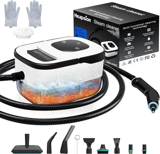 Heapsion Steam Cleaner, Steamer for Cleaning with 15s Fast Heat-Up, 6 Adjustable Levels, 12-Piece Accessories, 1500W Portable Steam Cleaner for Grout, Tiles, Kitchen, Car Detailing, Black and White