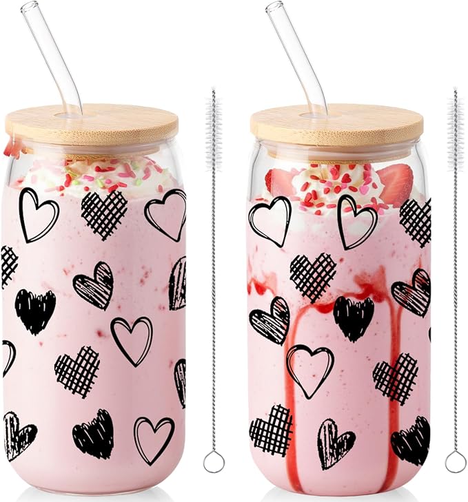 Sliner 2 Pcs Heart Glass Cups Iced Coffee Tumbler with Lid Straw 16 oz Drinking Glasses Cute Beer Can Tumbler Holiday Gifts for Home Office Decorations