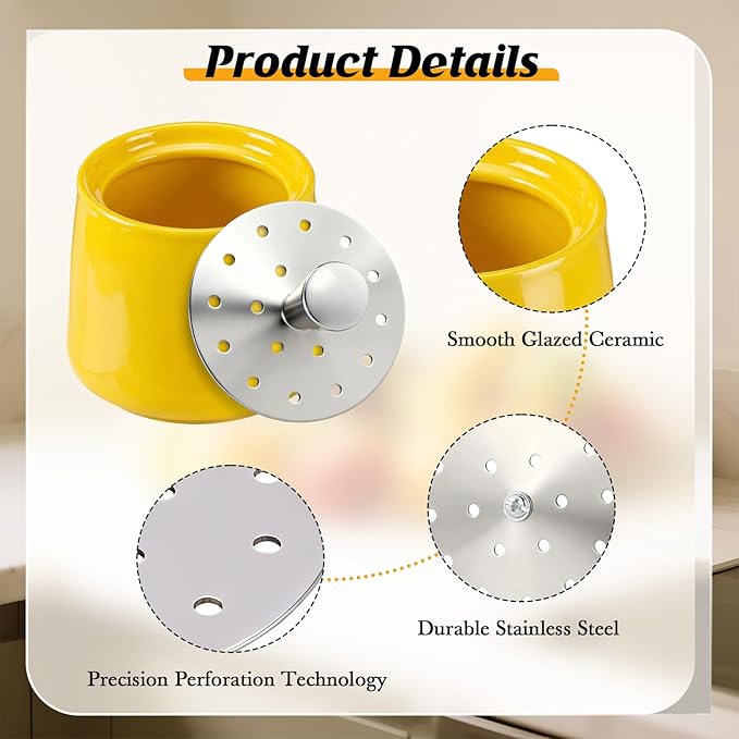 Ceramic Fruit Fly Trap for Indoors, Reusable Kitchen Fly Catcher with Stainless Steel Vent Lid, Uses Safe & Natural Vinegar Bait Trap, Dishwasher Safe, Easy to Use (Yellow,1 Pack)