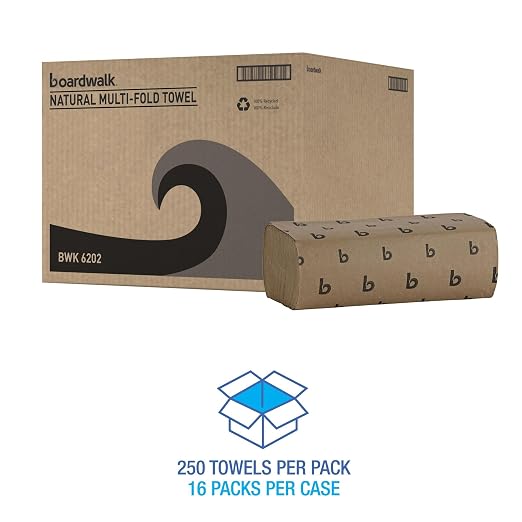 Boardwalk Multifold Disposable Bathroom Paper Hand Towels, 1-Ply, 9 x 9.45, 250 Towels/Pack, 16 Packs/Carton, Natural