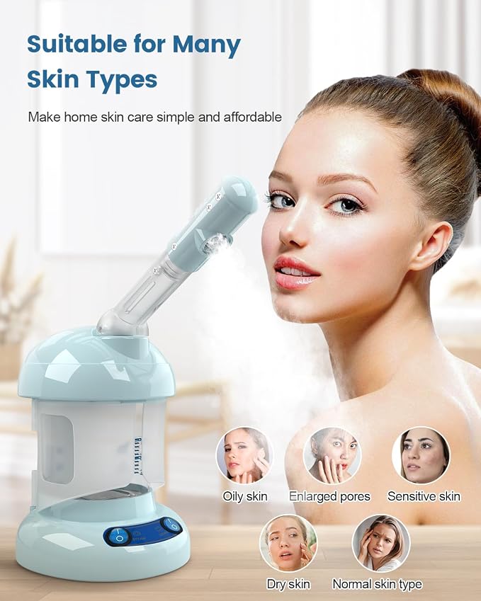 Tabletop Facial Steamer - Ozone Steamer with 360° Rotatable Arm - Professional Nano Ionic Facial Steamer for Deep Cleaning - Portable for Personal Care Use at Home or Salon, Blue
