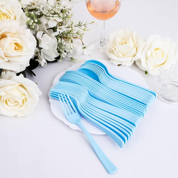 WDF 160 Piece Blue Plastic Silverware - Heavy Duty Blue Silverware Includes 80 Forks, 40 Spoons, 40 Knives, Disposable Plastic Utensils Perfect for Wedding/Birthday/Party