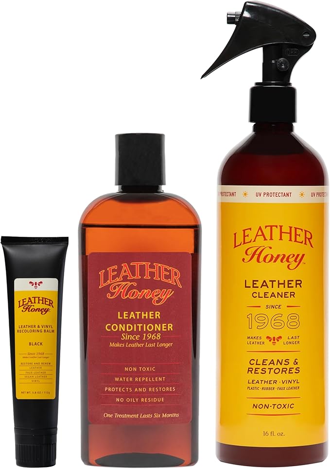 Leather Honey 8oz Conditioner, 16oz Spray Cleaner, and Black Recoloring Balm